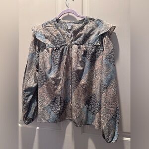 Time and Tru Blue and Pink Patchwork Paisley Ruffle Yoke Blouse